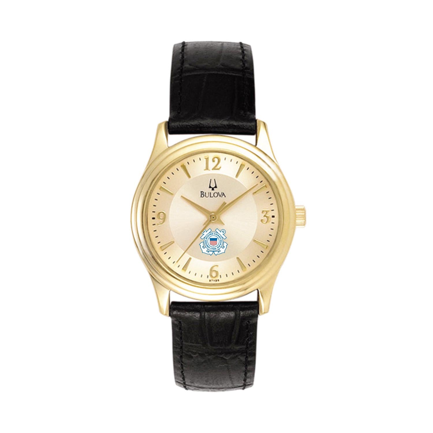 Coast Guard Seal Ladies Bulova Black Leather Strap Gold Plated Watch