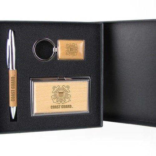 Coast Guard Seal Silver/Wood Gift Set with Pen, Keychain & Business Card Case