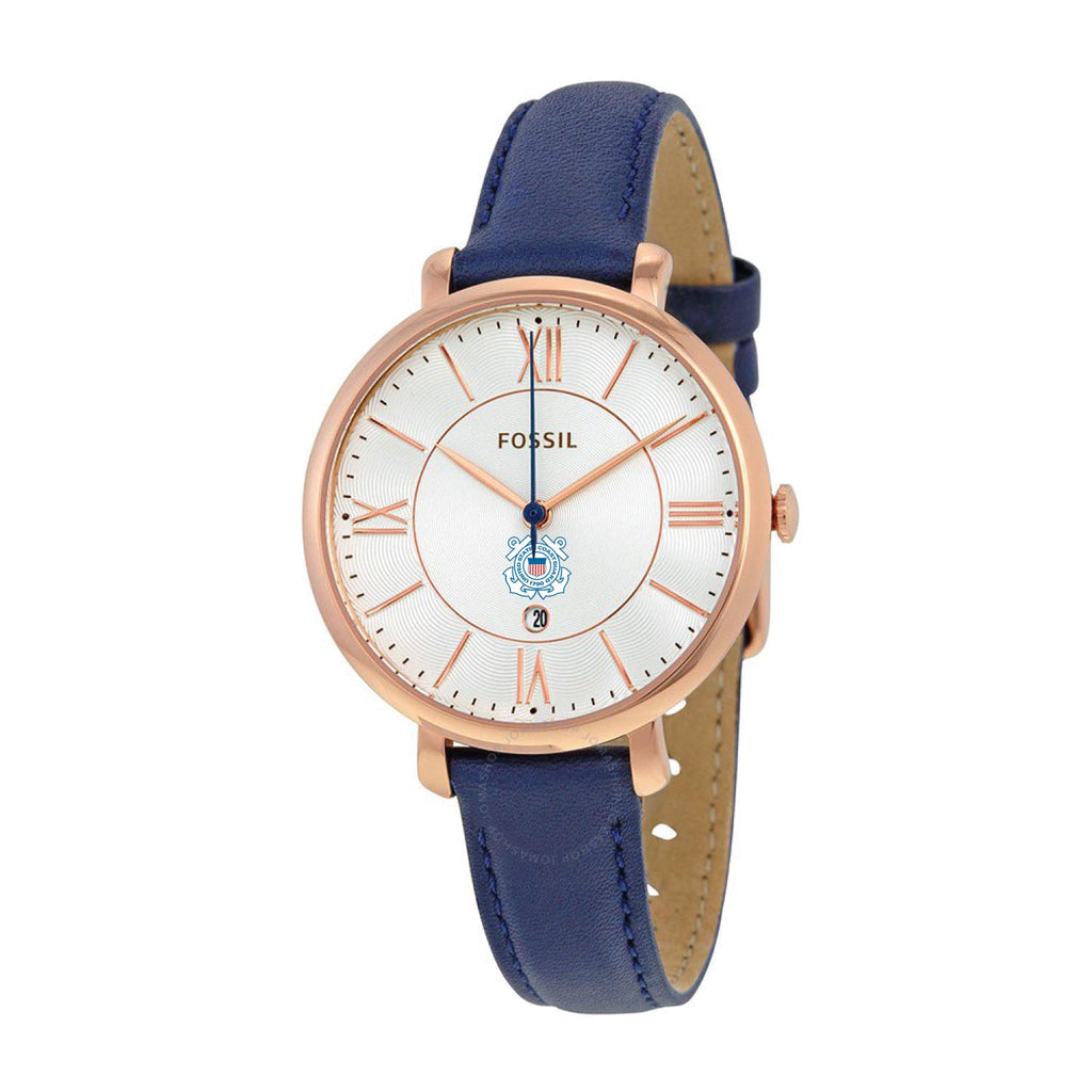 Coast Guard Seal Ladies Fossil Navy Leather Strap Watch (Navy)